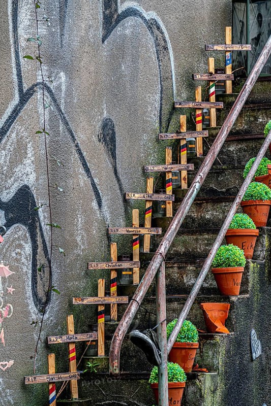 Memorial to the victims of the Love Parade disaster on 24 June 2010, in which 21 people died and over 500 were seriously injured, at the site of the disaster, at the Karl-Lehr-Straße tunnel, Duisburg