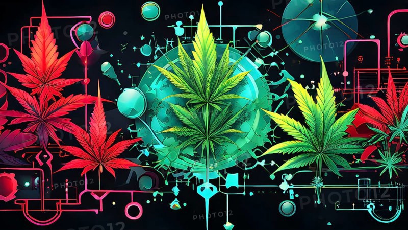 Abstract painting of chemical structure of thc and cbd interlocking geometric shapes, AI generated