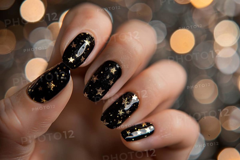 Woman's fingernails with nail polish art design with golden stars on black base. Generative Ai, AI generated