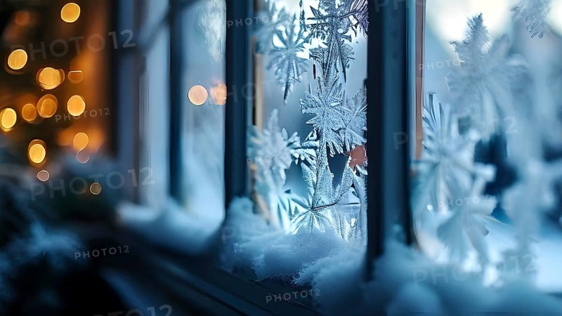 Snow-covered window with frost patterns, candlelight softly glowing through the glass, and warm, blurry Christmas lights in the background, AI generated