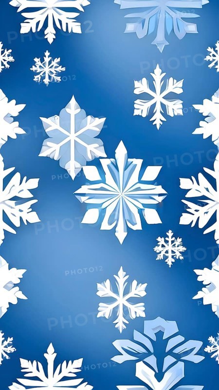 Abstract pattern of snowflakes in varying sizes and shapes in soft white and blue gradients, AI generated