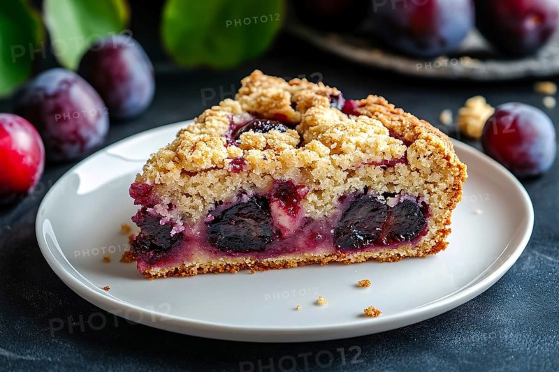 Slice of plum pie with crumbles topping on plate. Generative AI, AI generated