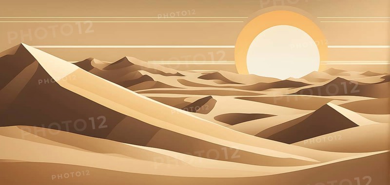 Abstract desert scene with triangular sand dunes and a single circular sun, using sharp lines and subtle gradients in neutral earth tones, AI generated