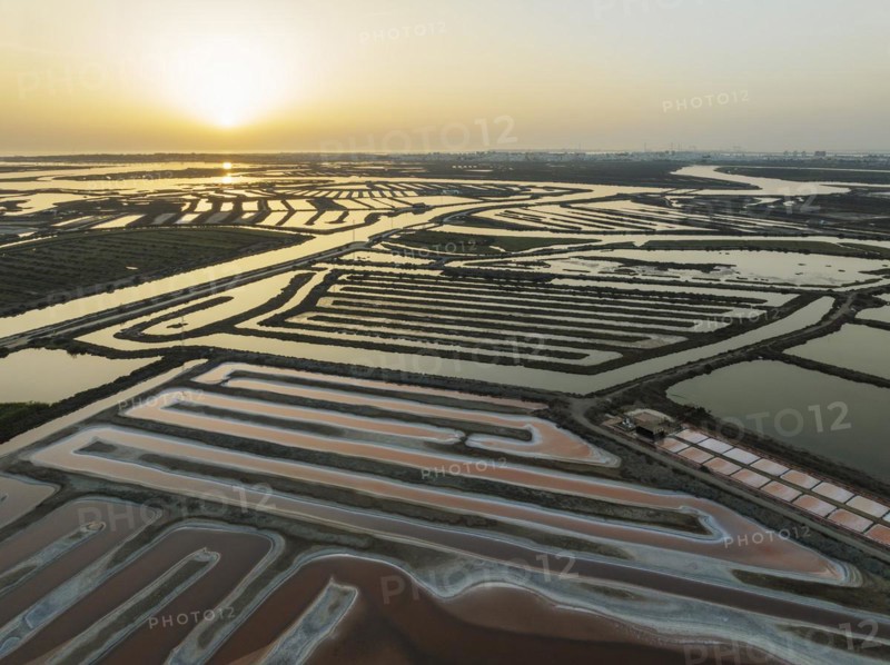 Saline ponds at the salt works near Chiclana de la Frontera. The orange-red colour depends on the level of salinity and is directly caused by the algae Dunaliella salina and brine shrimp. At sunset. Aerial view. Drone shot. Bahía de Cádiz Nature Reserve, Cádiz province, Andalusia, Spain, Europe