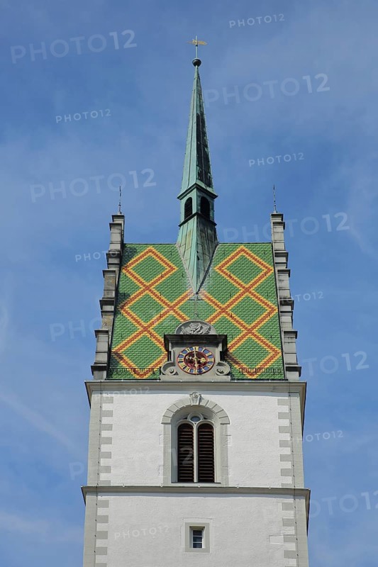 Tower of the Gothic St. Nicholas Church, spire, roof tile, pattern, clock, church tower, Adenauerplatz, Friedrichshafen, Obersee, Lake Constance, Lake Constance area, Baden-Württemberg, Germany, Europe