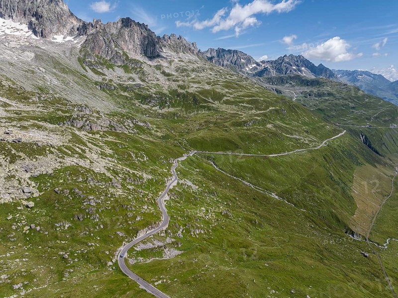 Landscape at the Furka Pass, drone photo. Alpine pass between the canton of Uri and the canton of Valais. Realp, Canton Uri, Switzerland, Europe