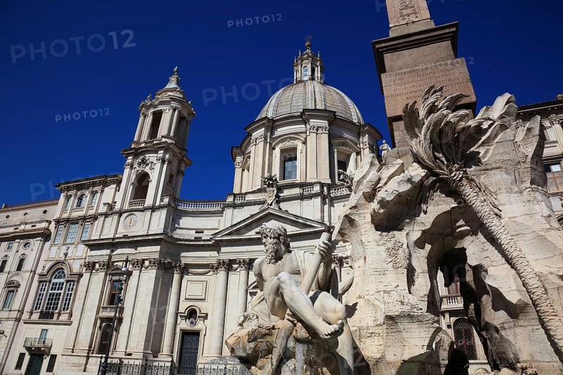 River God of the Ganges at the Fountain of the Four Rivers, Fontana dei Quattro Fiumi, Church of Sant'Agnese in Agone, Piazza Navona, Parione neighbourhood, Rome, Italy, Europe