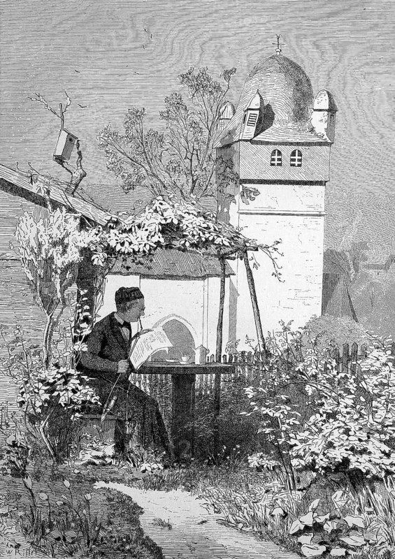 Spring, Priest sits in the garden and works on his sermon, Historical, digitally restored reproduction from a 19th century original, Record date not stated
