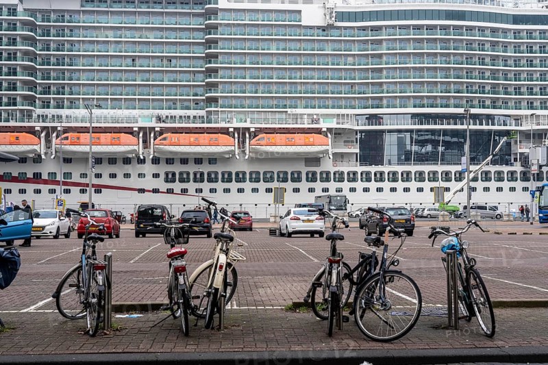 Cruise ship Iona of the British shipping company P&O Cruises, the largest cruise ship ever built in Germany, 17 passenger decks, 2600 cabins for 5200 passengers, the ship is powered by liquid gas, lifeboats, moored at the pier of Cruise Terminal Rotterdam, car park
