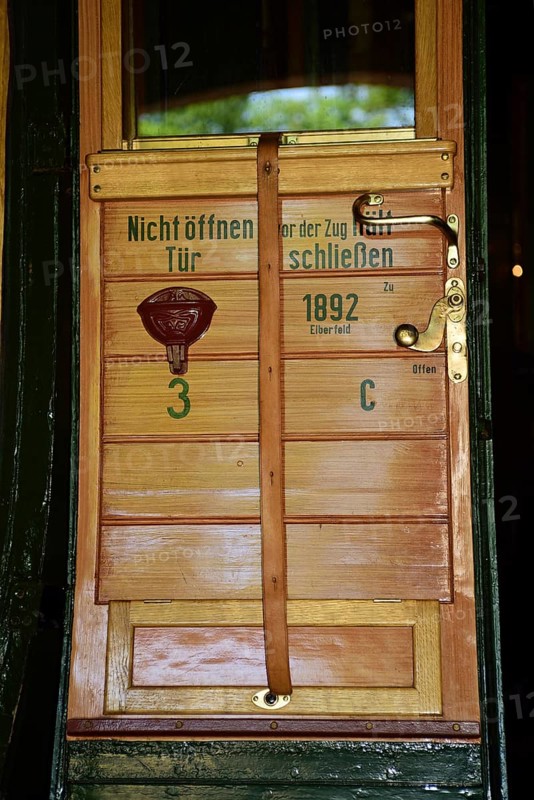 Europe, Germany, Aumühle, Holstein, Duchy of Lauenburg, Hamburg metropolitan region, Aumühle engine shed museum railway, passenger coach from 1892, BLick in 3rd class compartment, wooden class, door, Europe