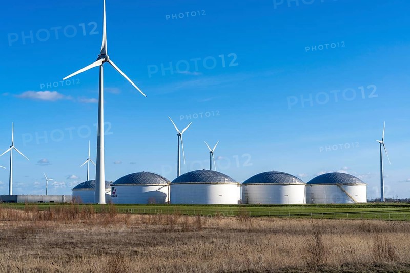 Vopak tank terminal in the industrial harbour of Eemshaven, wind farm, Groningen, Netherlands