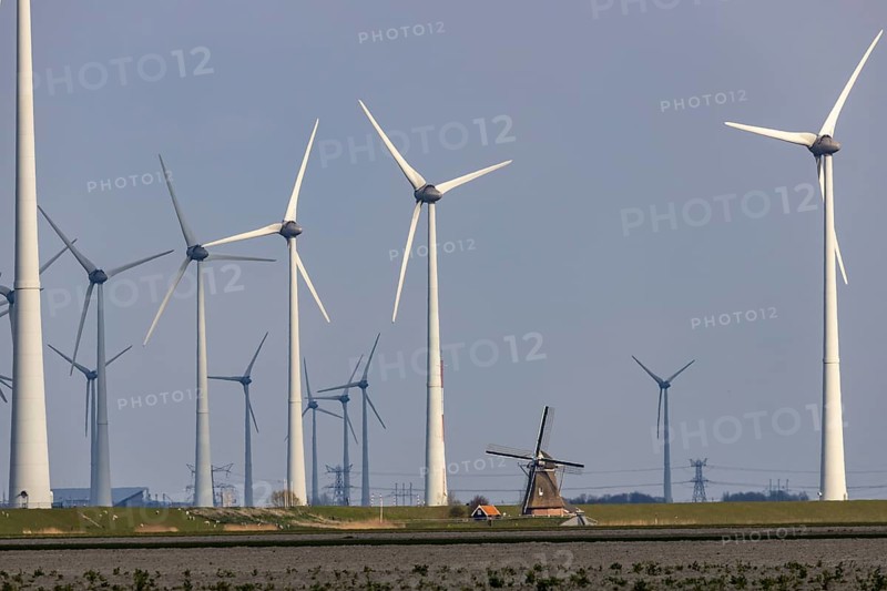 Westereems and Growind wind farms, over 80 wind turbines in total, at the Eemshaven seaport, province of Groningen, in the north-west of the Netherlands, historic Goliath windmill from 1897