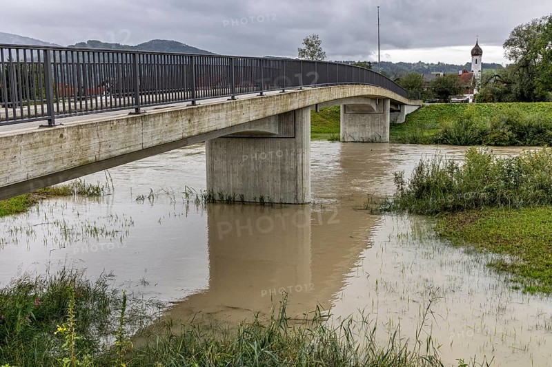 Flood at a bridge and a river, storm on 26.8.23 near Benediktbeuern, Loisach near Schlehdorf, Bavaria, Germany, Europe