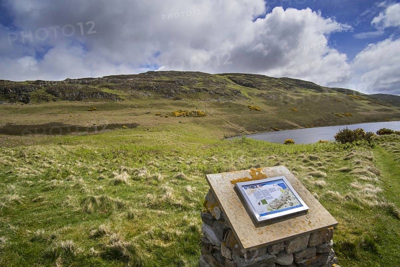 Information board about the Achanlochy Clearance Village on the shore of Loch Duinte near Bettyhill, Caithness, Scottish Highlands, Scotland, UK