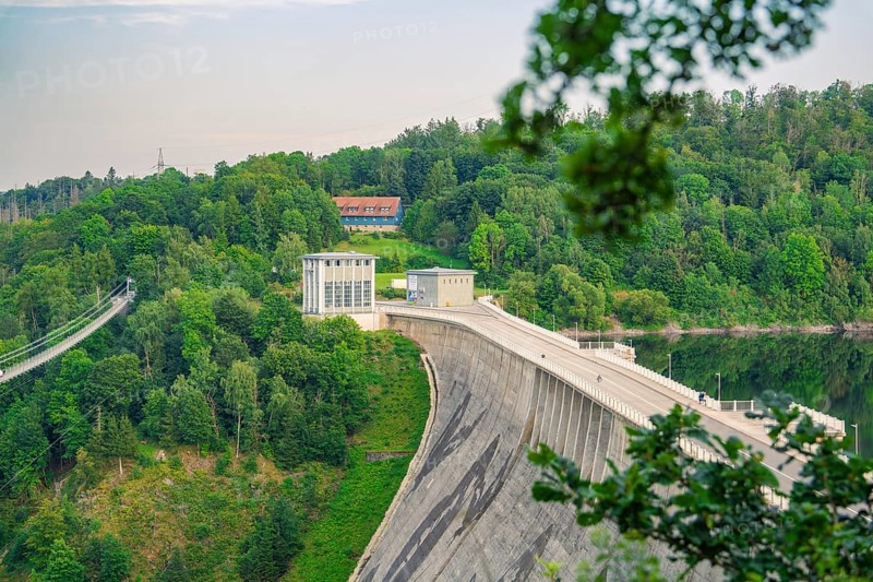 Large dam in a hilly landscape with many trees and lush greenery, Rappbode Dam, Harz Mountains, Germany, Europe