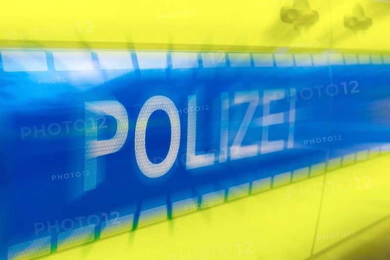 Police car, police lettering on an emergency vehicle, logo, blur, Baden-Württemberg, Germany, Europe