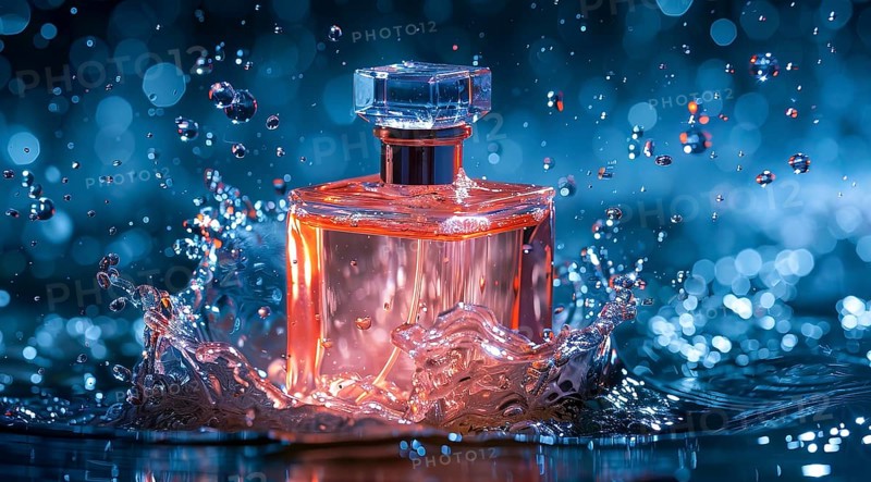 Bottle of expensive luxury perfume in splashes of water. Present for fathers or mothers day, AI generated