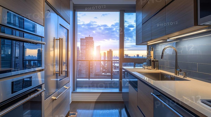Modern kitchen with a stainless steel refrigerator and oven. Home renovation and upgrades, AI generated