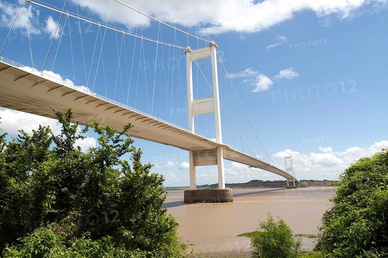 The old 1960s Severn bridge crossing between Beachley and Aust, Gloucestershire, England, UK looking east