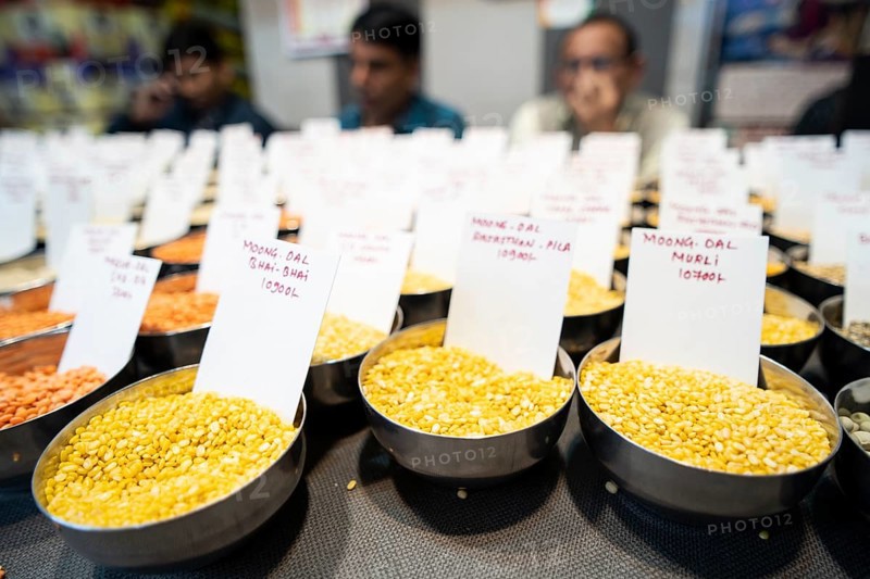 Samples of pulses kept on display inside a shop at a wholesale market ahead of the presentation of the Interim Budget 2024 by Union Finance Minister Nirmala Sitharaman, in Guwahati, Assam, India on Thursday, Feb. 1, 2024