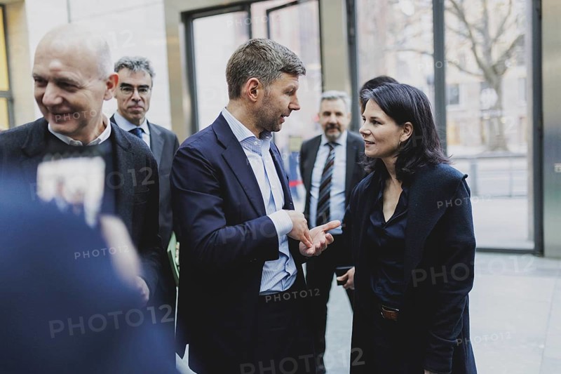 (R-L) Annalena Bärbock (Bündnis 90/Die Grünen), Federal Foreign Minister, and Thomas Hitzelsberger, former professional footballer, photographed at the kick-off event for the European Football Championship in Berlin, 1 February 2024 / Photographed on behalf of the Federal Foreign Office