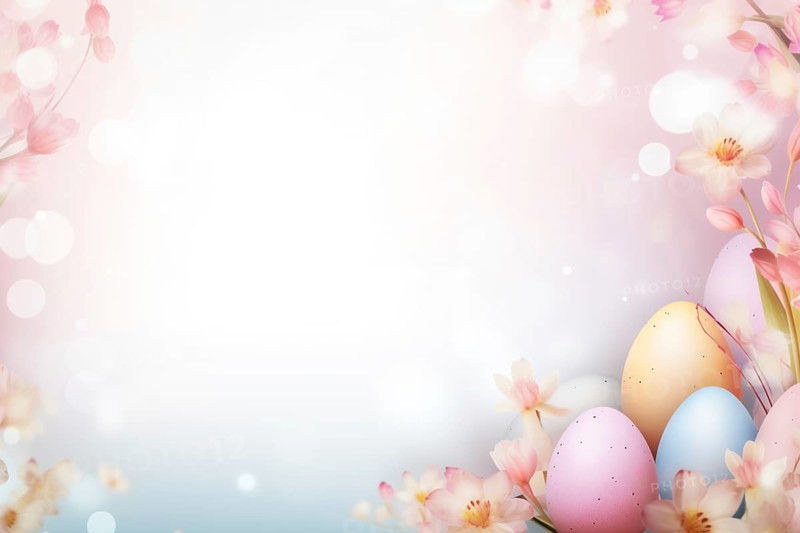 A festive and vibrant background for Easter celebration, featuring multiple decorated eggs in various colors and patterns, nestled among a variety of spring flowers and greenery, AI generated
