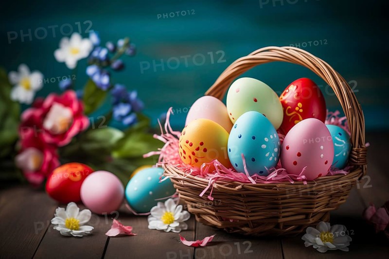 Easter celebration, featuring a collection of brightly colored eggs, each intricately painted with various patterns and designs, placed in a wicker basket, AI generated