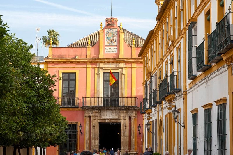 Spanish flag flying on historic buildings in the Alcazar palace area, Seville, Spain, Europe