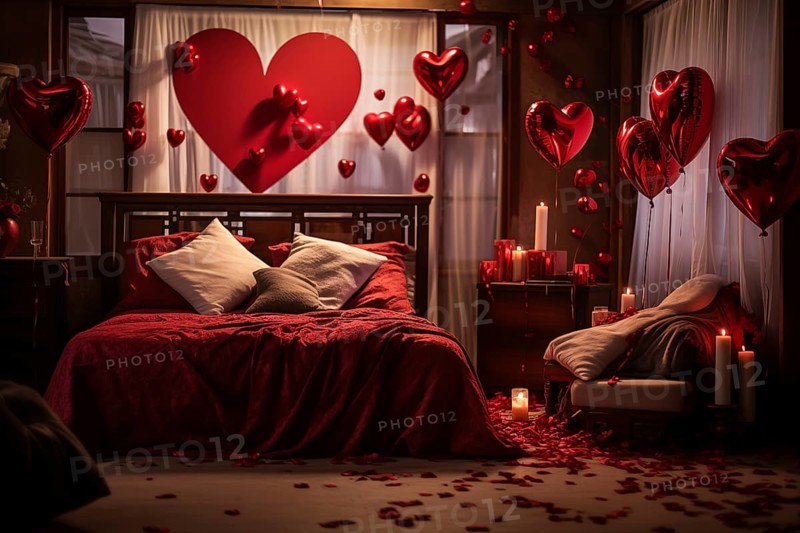 A cozy bedroom adorned with red and white heart-shaped balloons, rose petals, and candles creating a romantic atmosphere for Valentine's Day, AI generated