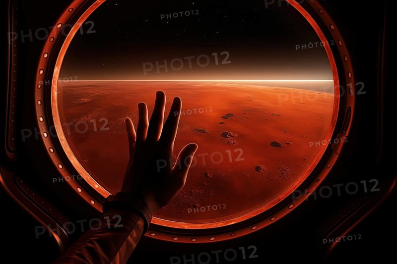 Mars landscape seen through spaceship window illuminator with astronaut hand touching the glass. Concept of extraterrestrial journey space exploration, conveys sense of otherworldly beauty and wonder, AI generated