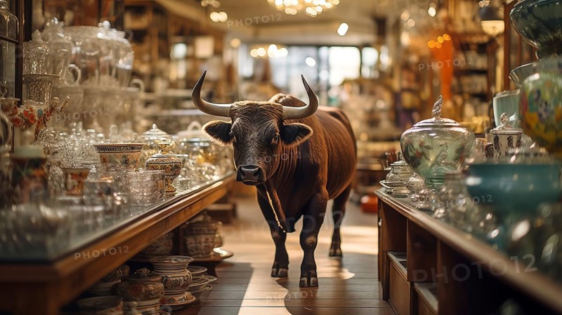 Very large bull with horns in a China shop filled with glassware. generative AI, AI generated