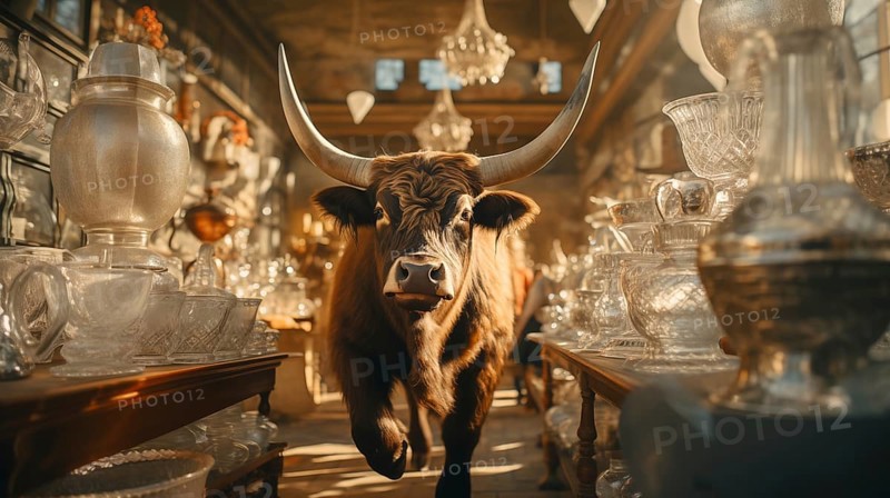 Very large bull with horns in a China shop filled with glassware. generative AI, AI generated
