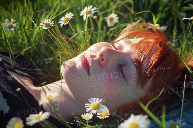 Teenager, young fair-skinned woman with red hair and freckles lying on a spring meadow and basking in the first spring sun, health risk, possible late effects, risk of skin cancer due to intense UV radiation that can cause sunburn, AI generated, AI generated, AI generated