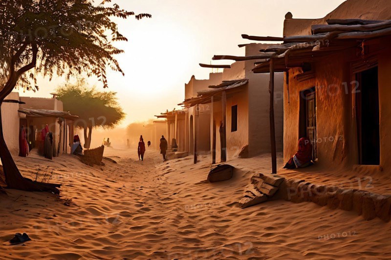 Village with traditional mud houses nestled in the thar desert, AI generated