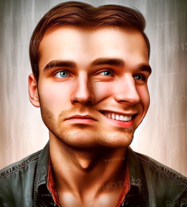 Split personality, a young man with two faces, one laughing and one serious, symbolic image Janus head, conflict, psychology, AI generated, AI generated