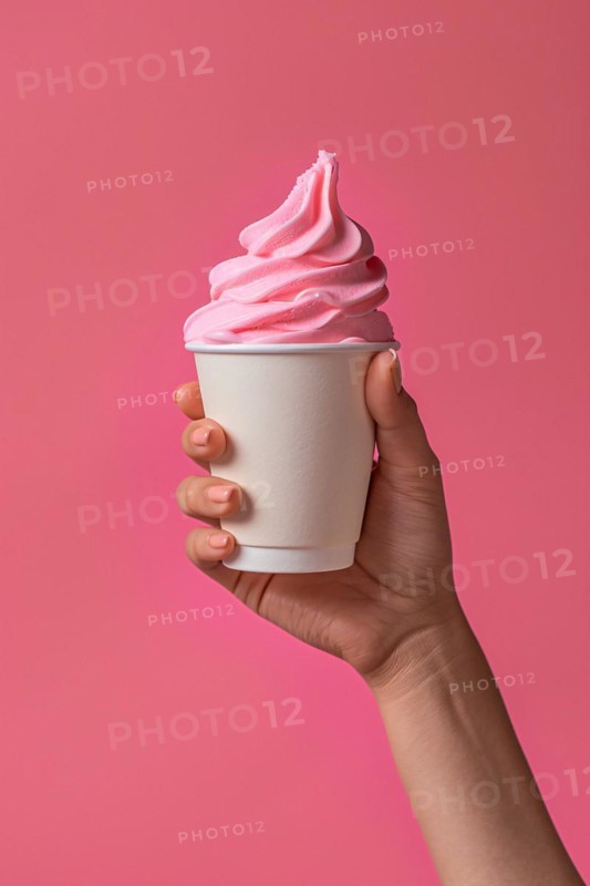 Hand holding pink ice cream in cup. KI generiert, generiert, AI generated