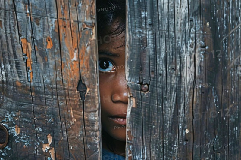 Close up of girl child peeking through hole in wooden wall. KI generiert, generiert, AI generated