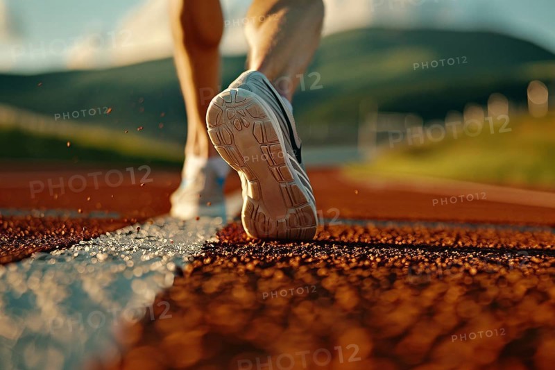 Close up of back view of woman's feet in sport shoes running on orange running track. Generative AI, AI generated