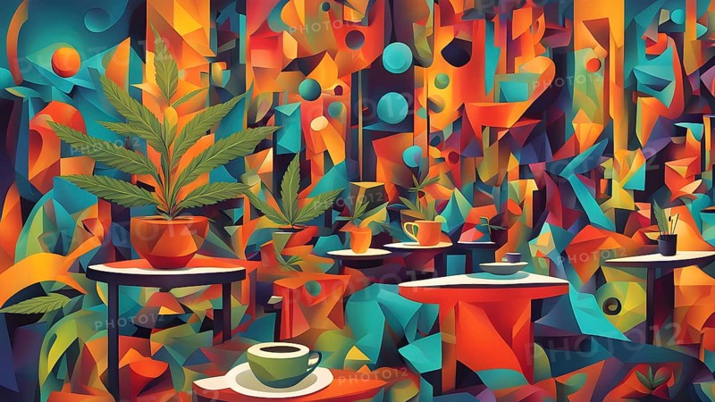 Abstract composition of a cannabis cafe with ambiance bold contrasting colors and playful shapes, AI generated
