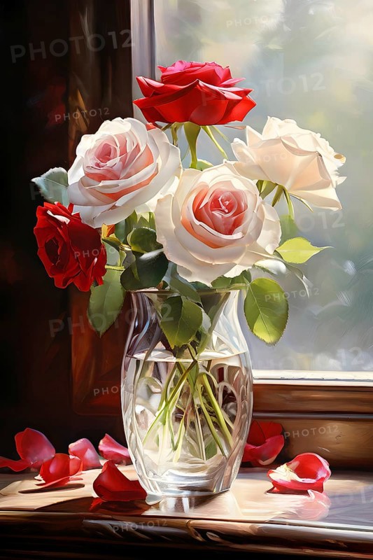 Transparent crystal glass vase with white and red blooming roses, AI generated