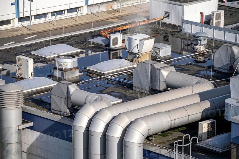 Ventilation system on a commercial building, exhaust air, draught, air conditioning technology