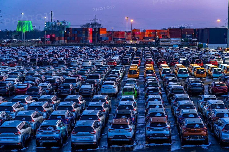 Car terminal in the Logport I inland port, in Duisburg on the Rhine, vehicle handling of new cars, storage area, North Rhine-Westphalia, Germany, Europe