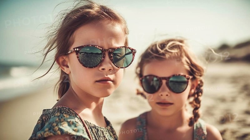 Two young girlfriends posing wearing sunglasses having fun on the beach, generatvie AI, AI generated