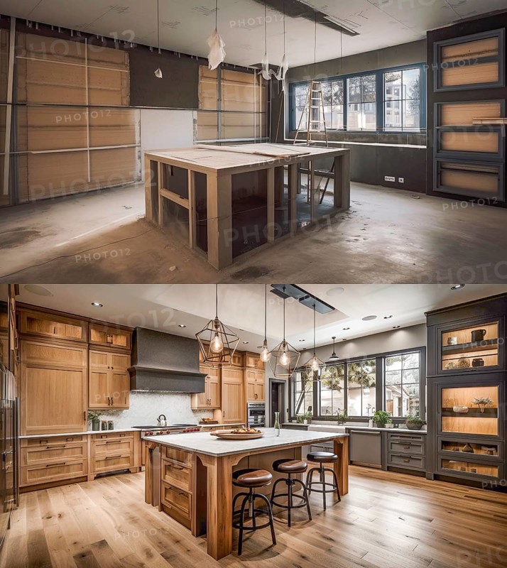Luxurious custom kitchen upgrade interior before and after construction, generative AI, AI generated