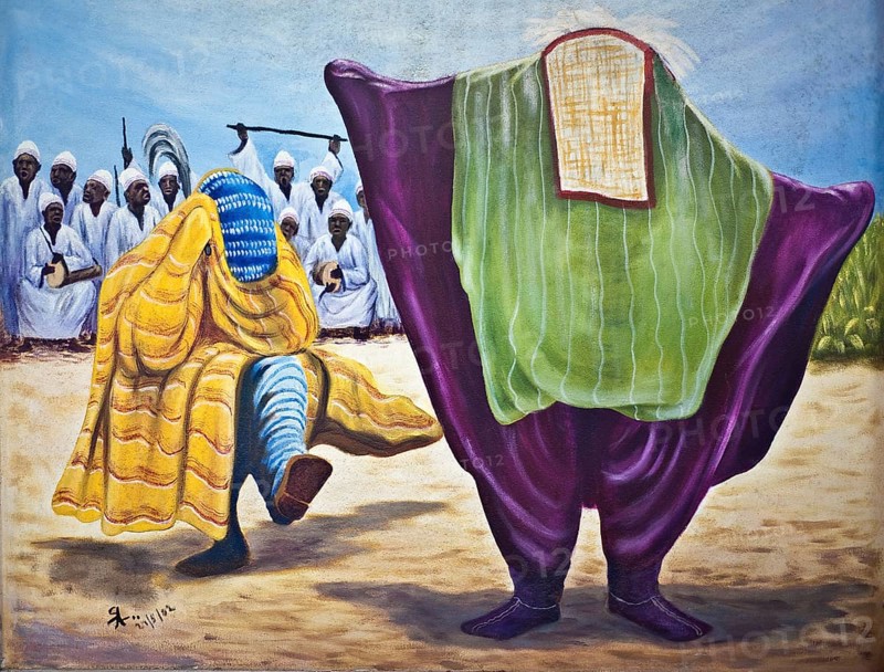 Painting depicting Agoogu, the Gambian version of the Egungun by the Yoruba (Nigeria, Benin, ...) . Agoogu is a masquerade for ancestors reverence or the ancestors themselves as a collective force. (National museum, Banjul, Gambia), Africa