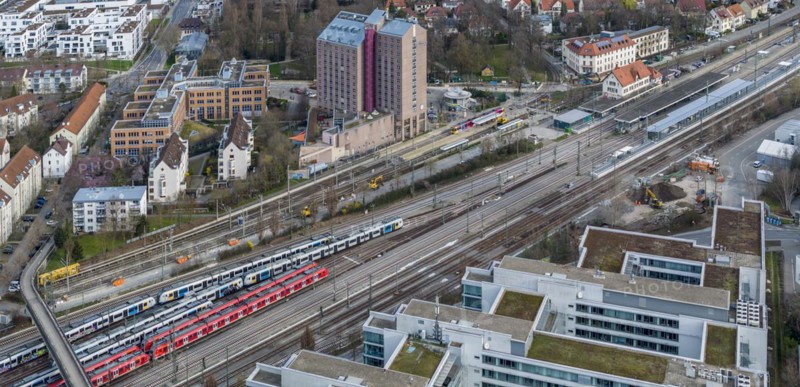 Stuttgart-Vaihingen railway station with tracks and S-Bahn. Accor-Hotel Pullman Fontana, Stuttgart, Baden-Württemberg, Germany, Europe