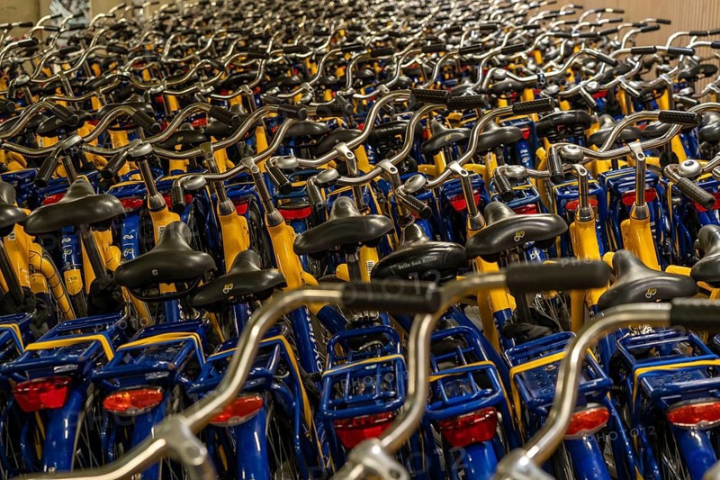 Bicycles at the OV-Fiets rental station, at Utrecht Central Station, hundreds of rental bikes waiting to be used, offer of the Dutch railway NS, for customers, low rental costs, available at almost every station, Utrecht, Netherlands
