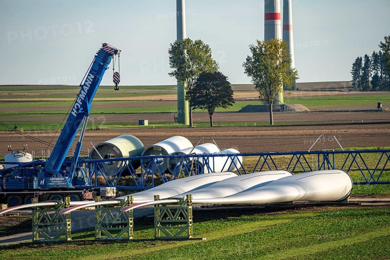 Wind farm near Bad Wünnenberg, construction site, storage area for a new wind turbine, components of the mast, the nacelle and the rotors are ready for assembly, North Rhine-Westphalia, Germany, Europe