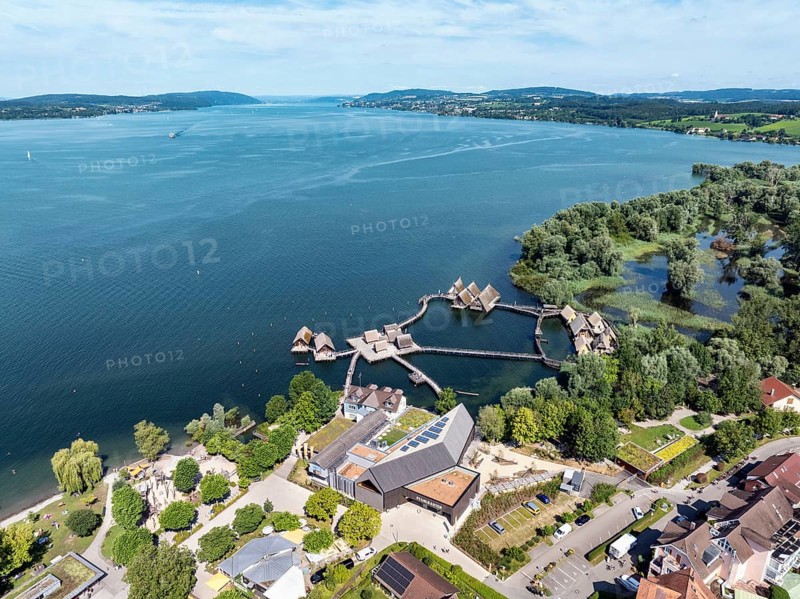 Aerial view of the pile dwellings, Lake Dwelling Museum, Open Air Museum Unteruhldingen, Uhldingen-Mühlhofen, Lake Constance, Lake Constance, Baden-Württemberg, Germany, Europe
