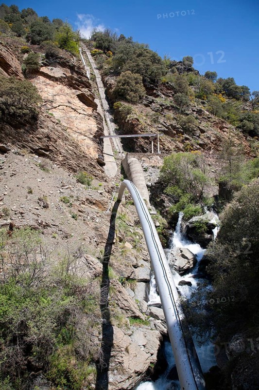 Pipeline for HEP electricity generation River Rio Poqueira gorge valley, High Alpujarras, Sierra Nevada, Granada Province, Spain, Europe